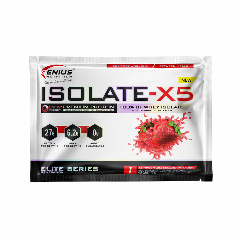 Incarca imaginea in galerie, ISOLATE-X5 33g 1serv Genius Nutrition – Supliment proteic din zer cu absorbtie rapida, continut scazut de carbohidrati si bogat in BCAA, obtinut prin filtrare naturala CFW cu aroma de wild strawberry