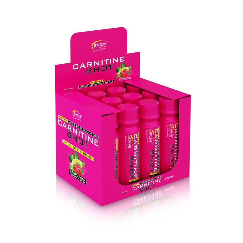 Incarca imaginea in galerie, L-CARNITINE SHOT 80ml Genius Nutrition Raspberry Citrus - Supliment pentru slabit, arderea grasimilor si energie sub forma lichida cu extract de ceai verde si vitamina b12