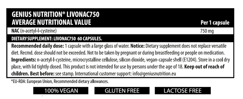 Incarca imaginea in galerie, LIVONAC750 60caps 60serv Genius Nutrition – Supliment antioxidant precursor de glutation, ideal pentru refacerea functiei hepatice si pulmonare