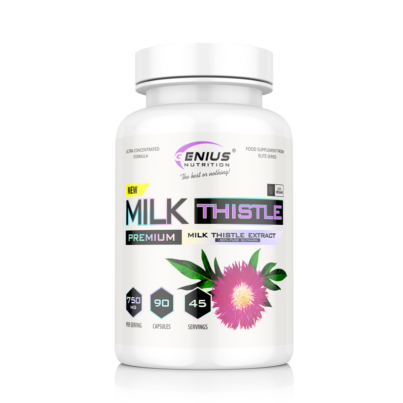 Incarca imaginea in galerie, MILK THISTLE 90 caps 45 serv Genius Nutrition – Supliment pe baza de silimarina, ideal pentru sustinerea sanatatii ficatului si detoxifierea organismului