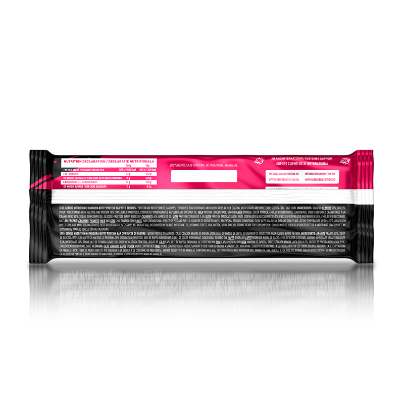 Incarca imaginea in galerie, PANDORA Nutty Bar 40g Genius Nutrition - Baton proteic cu invelis de lapte si fructe de padure liofilizate.