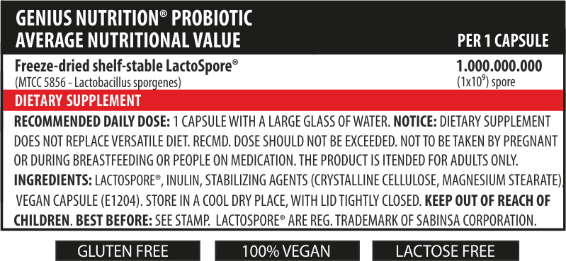 Incarca imaginea in galerie, PROBIOTIC 60caps 60serv Genius Nutrition - Supliment probiotic LactoSpore® destinat sustinerii sanatatii digestive si echilibrarii florei intestinale