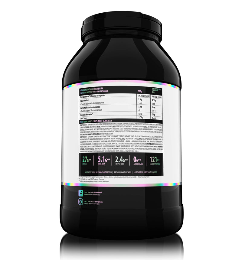 Incarca imaginea in galerie, PROTEIN-F5 2000g 61serv Genius Nutrition – Supliment proteic cu un amestec de 5 proteine: zer concentrat, lapte, soia, oua si mazare, creat pentru refacerea si stimularea cresterii masei musculare