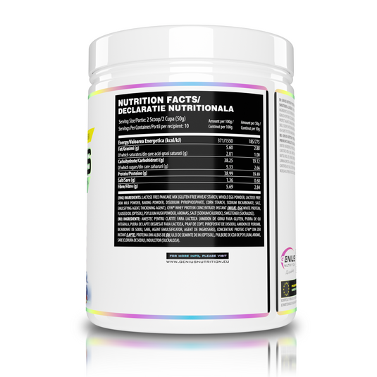 PROTEIN PANCAKES 500g Genius Nutrition Fara aroma - Amestec delicios pentru clatite fara gluten, bogat in proteine fara zahar adaugat.