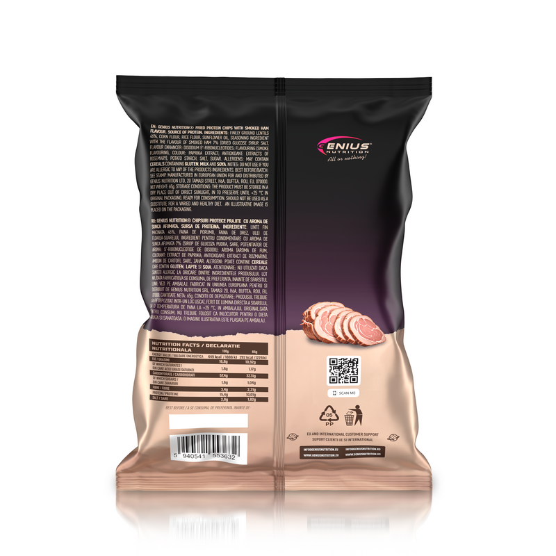 Incarca imaginea in galerie, Protein Chips 65g Genius Nutrition Smoked Ham - Chipsuri proteice crocante, facute din 46% linte cu aroma de sunca afumata.