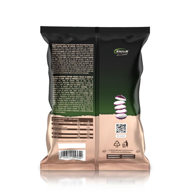 Incarca imaginea in galerie, Protein Chips 75g Genius Nutrition Sour Cream & Onion - Chipsuri proteice crocante, facute din 46% linte cu aroma de smantana si ceapa.