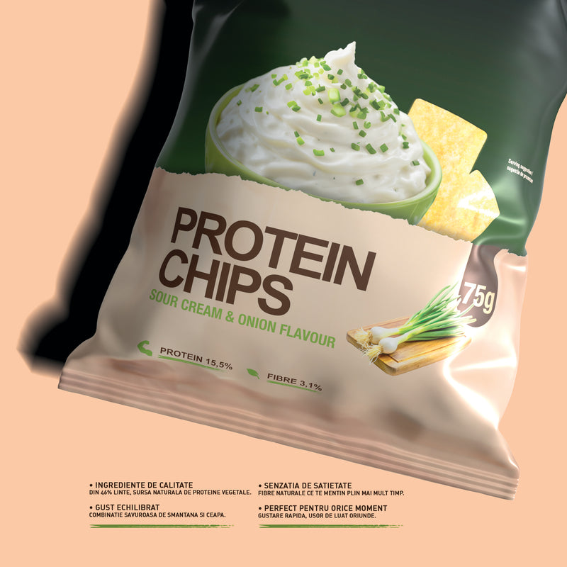 Incarca imaginea in galerie, Protein Chips 75g Genius Nutrition Sour Cream & Onion - Chipsuri proteice crocante, facute din 46% linte cu aroma de smantana si ceapa.