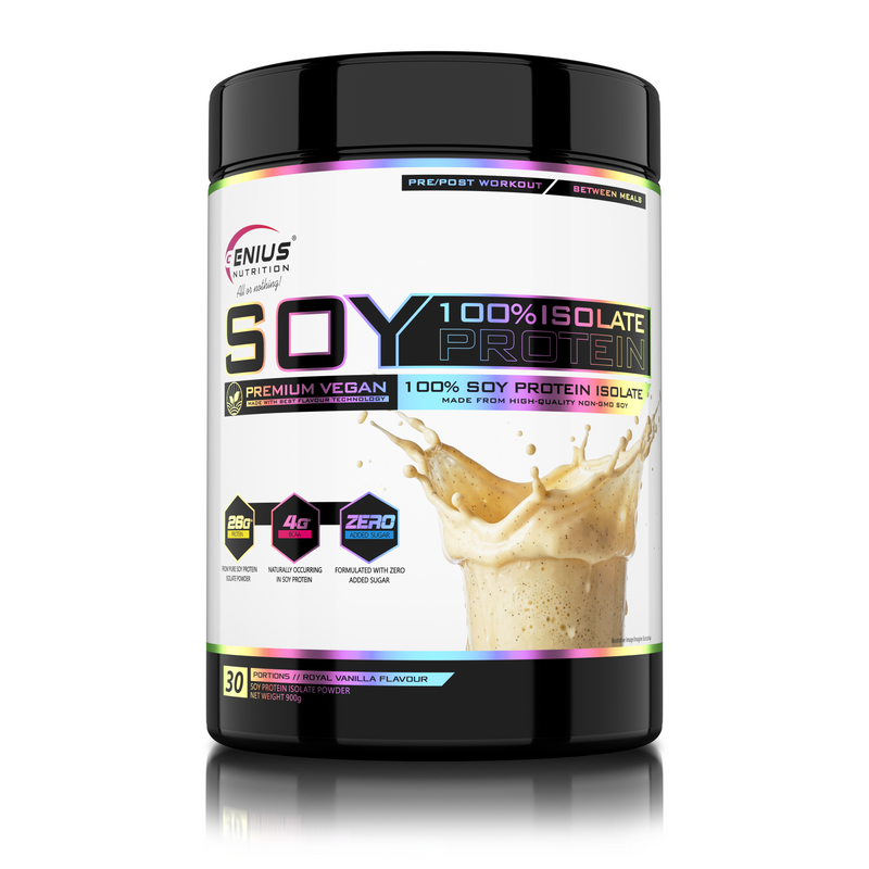 Incarca imaginea in galerie, SOY PROTEIN ISOLATE 900g 30serv Genius Nutrition – Supliment proteic vegetal, ideal pentru cresterea si mentinerea masei musculare, bogat in aminoacizi esentiali si usor de digerat cu aroma de royal vanilla