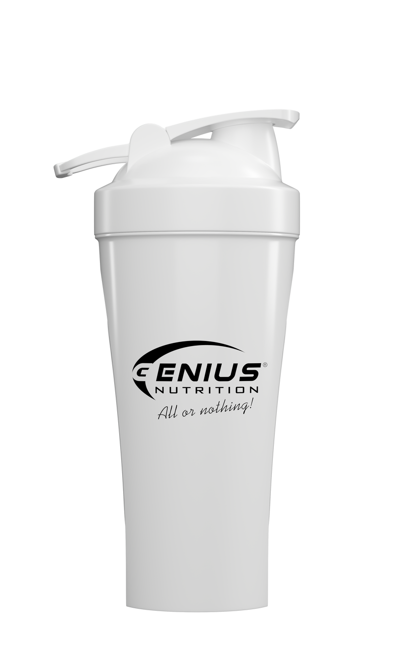 Incarca imaginea in galerie, Shaker 600ml Genius Nutrition Alb - Realizat din polipropilena de calitate, non-toxica, shaker-ul de 600ml/20oz are un capac cu filet si un arc metalic care asigura amestecarea uniforma a suplimentelor in pudra, cum ar fi proteinele, creatina si stimulentele pre-antrenament.