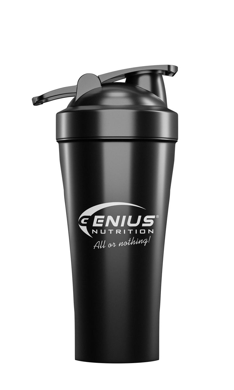 Incarca imaginea in galerie, Shaker 600ml Genius Nutrition Negru - Realizat din polipropilena de calitate, non-toxica, shaker-ul de 600ml/20oz are un capac cu filet si un arc metalic care asigura amestecarea uniforma a suplimentelor in pudra, cum ar fi proteinele, creatina si stimulentele pre-antrenament.
