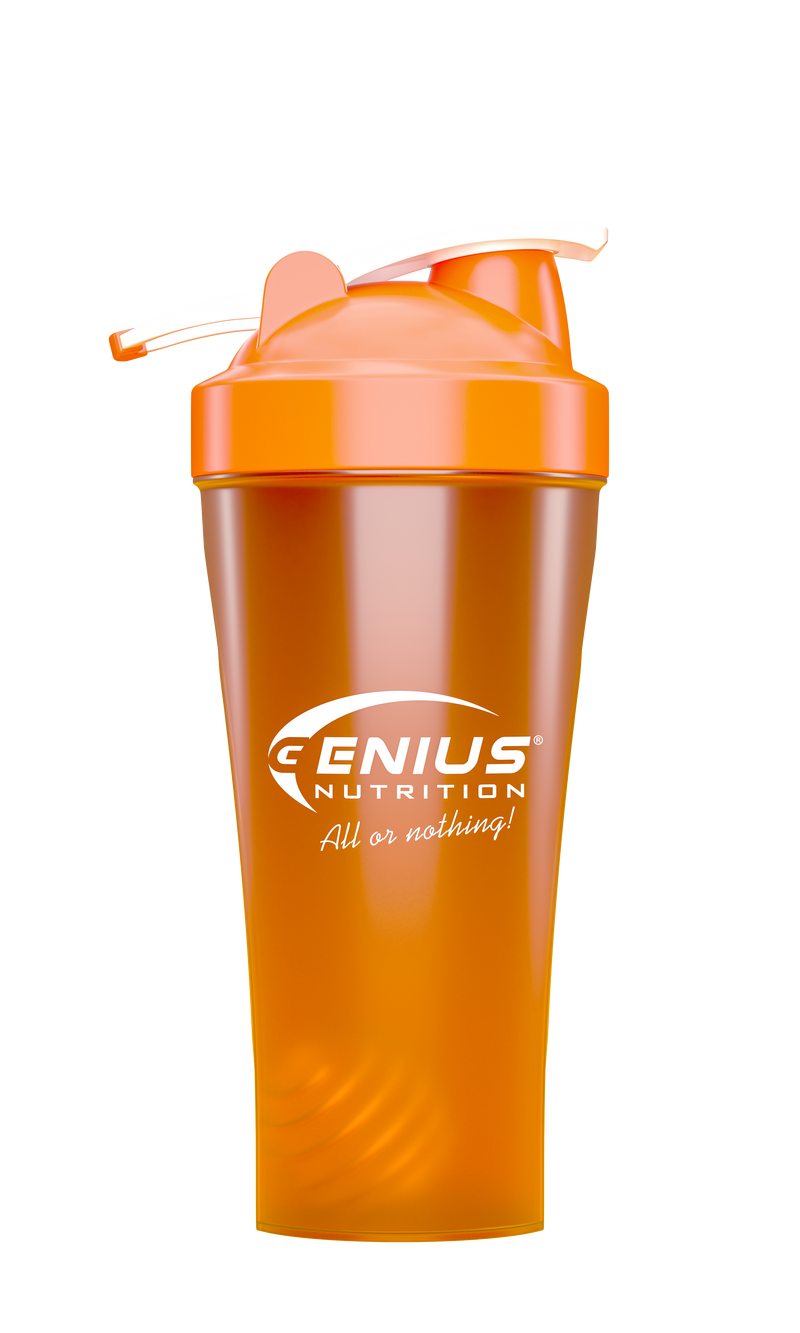 Incarca imaginea in galerie, Shaker 600ml Genius Nutrition Portocaliu - Realizat din polipropilena de calitate, non-toxica, shaker-ul de 600ml/20oz are un capac cu filet si un arc metalic care asigura amestecarea uniforma a suplimentelor in pudra, cum ar fi proteinele, creatina si stimulentele pre-antrenament.