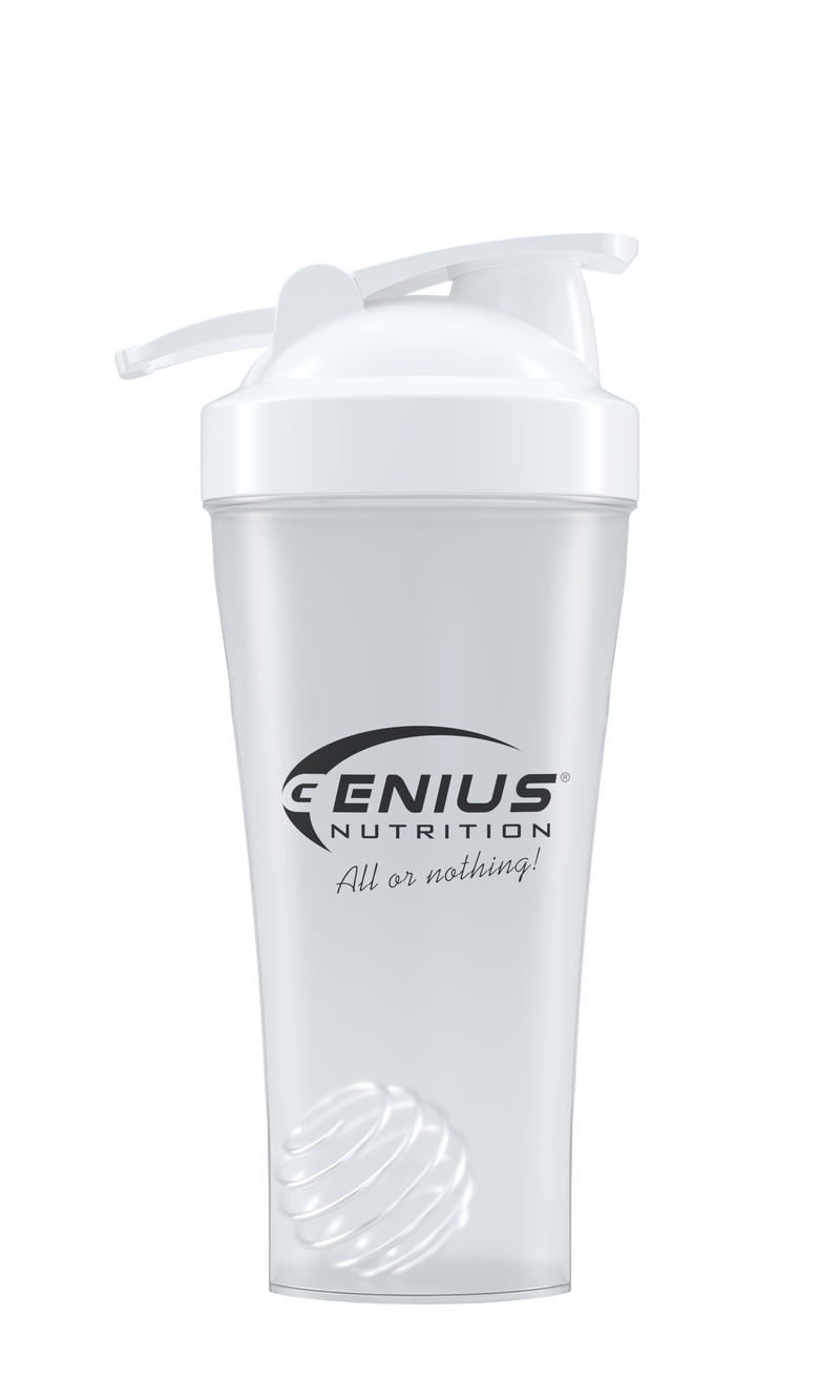 Incarca imaginea in galerie, Shaker 600ml Genius Nutrition Transparent - Realizat din polipropilena de calitate, non-toxica, shaker-ul de 600ml/20oz are un capac cu filet si un arc metalic care asigura amestecarea uniforma a suplimentelor in pudra, cum ar fi proteinele, creatina si stimulentele pre-antrenament.