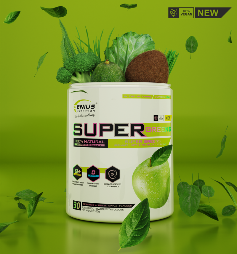 Incarca imaginea in galerie, SUPER GREENS 300g 30 serv Genius Nutrition – Supliment nutritiv bogat in fibre cu micronutrienti si antioxidanti ideal pentru imbunatatirea starii de sanatate si a nivelului de energie