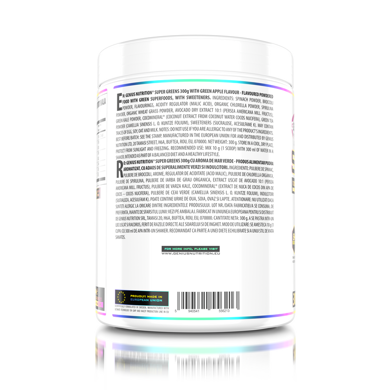 Incarca imaginea in galerie, SUPER GREENS 300g 30 serv Genius Nutrition – Supliment nutritiv bogat in fibre cu micronutrienti si antioxidanti ideal pentru imbunatatirea starii de sanatate si a nivelului de energie cu aroma de green apple