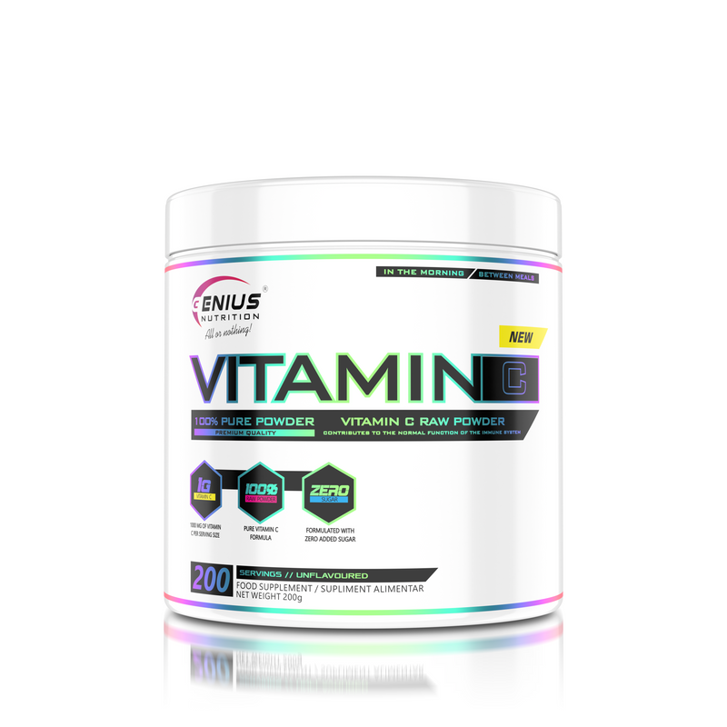 Incarca imaginea in galerie, VITAMIN C 200g 200serv Genius Nutrition- Supliment pentru sustinerea functiei imunitare fara aroma si aditivi pentru cresterea aportului de vitamina C
