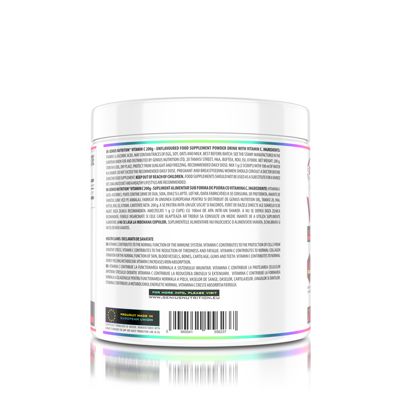 Incarca imaginea in galerie, VITAMIN C 200g 200serv Genius Nutrition- Supliment pentru sustinerea functiei imunitare fara aroma si aditivi pentru cresterea aportului de vitamina C
