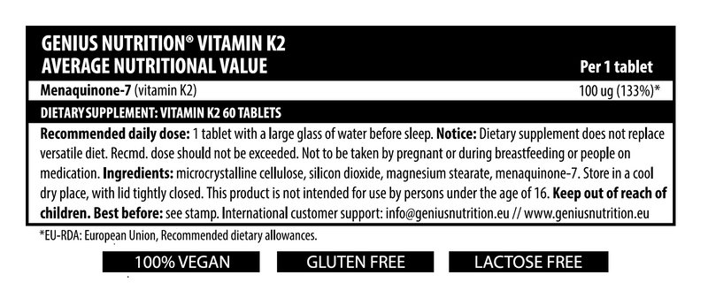 Incarca imaginea in galerie, VITAMIN K2 60tabs 60serv Genius Nutrition – Supliment care protejeaza sistemul cardiovascular prevenind calcifierea arterelor si sustinand densitatea osoasa