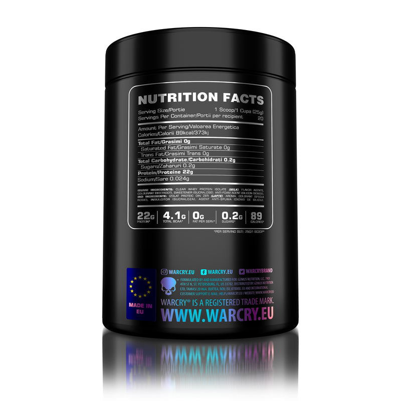 Incarca imaginea in galerie, WARCRY CLEAR WHEY 500g 20serv Genius Nutrition – Supliment proteic clear whey cu putine calorii, fara zahar si grasimi adaugate, continut scazut de lactoza cu aroma racoritoare