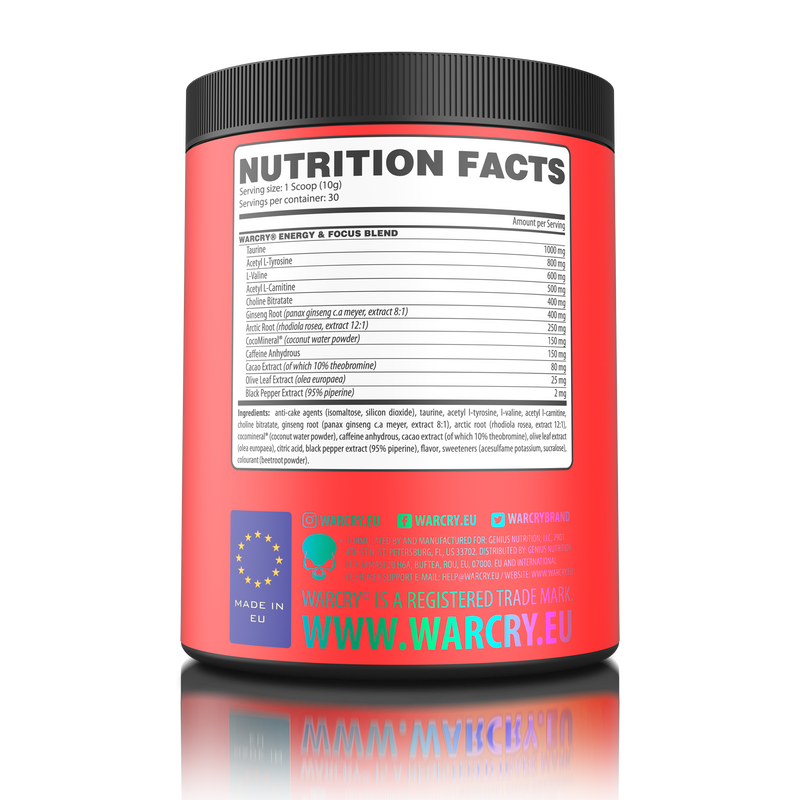 Incarca imaginea in galerie, WARCRY ENERGY 300g 30serv Genius Nutrition - Supliment pre-workout pentru un boost de energie si concentrare, cu electroliti din apa de cocos pentru o hidratare echilibrata pe durata antrenamentelor cu aroma de sour watermelon