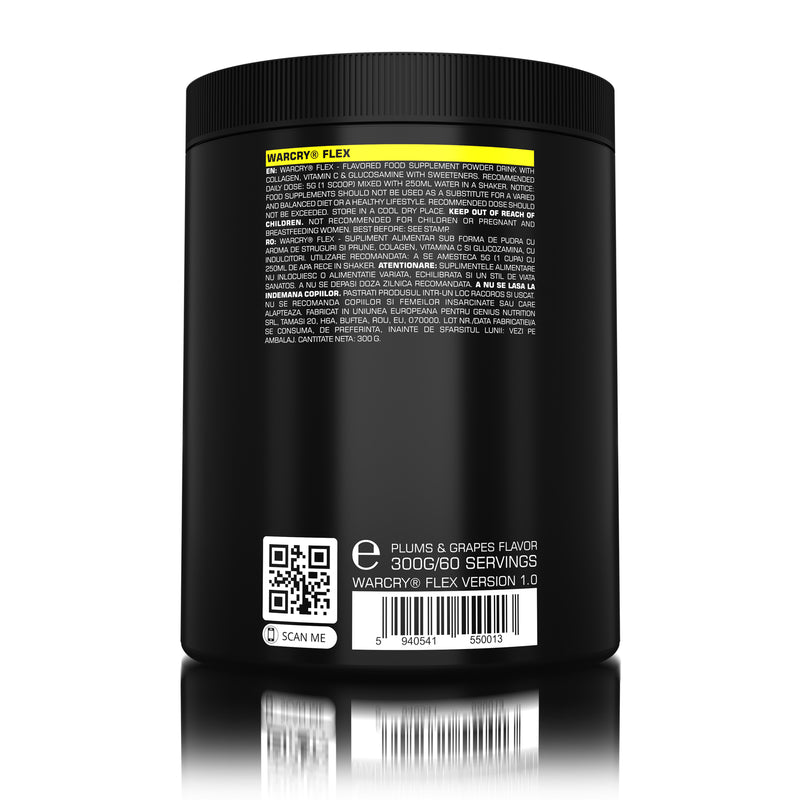 Incarca imaginea in galerie, WARCRY FLEX 300g 60serv Genius Nutrition – Supliment natural pentru sanatatea articulatiilor, contribuind la refacerea si mentinerea mobilitatii si functionalitatii acestora sub forma de pulbere cu aroma de grapes and plums