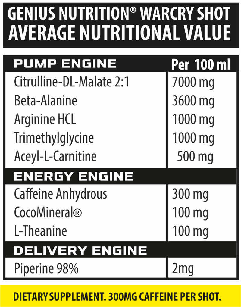 Incarca imaginea in galerie, WARCRY SHOT 100ml 1serv Genius Nutrition - Supliment pre-workout shot, gata de consum, cu continut ridicat de cafeina, perfect pentru energie, pompare, anduranta si volumizare musculara cu aroma de mad cola