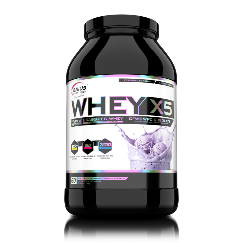 Incarca imaginea in galerie, WHEY-X5 2000g 60serv Genius Nutrition - Supliment proteic blend din izolat si concentrat de zer, ideal pentru refacerea si cresterea masei musculare fara depunere de tesut adipos, cu adaos de enzime digestive pentru absorbtie eficienta cu aroma de afine inghetate.