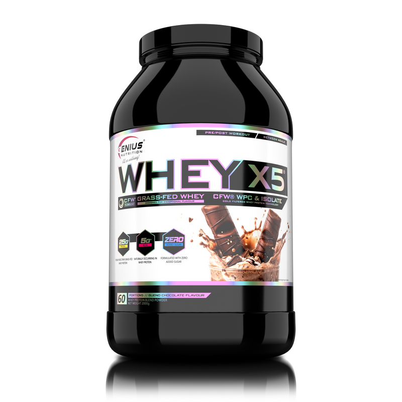 Incarca imaginea in galerie, WHEY-X5 2000g 60serv Genius Nutrition - Supliment proteic blend din izolat si concentrat de zer, ideal pentru refacerea si cresterea masei musculare fara depunere de tesut adipos, cu adaos de enzime digestive pentru absorbtie eficienta cu aroma de ciocolata bueno.