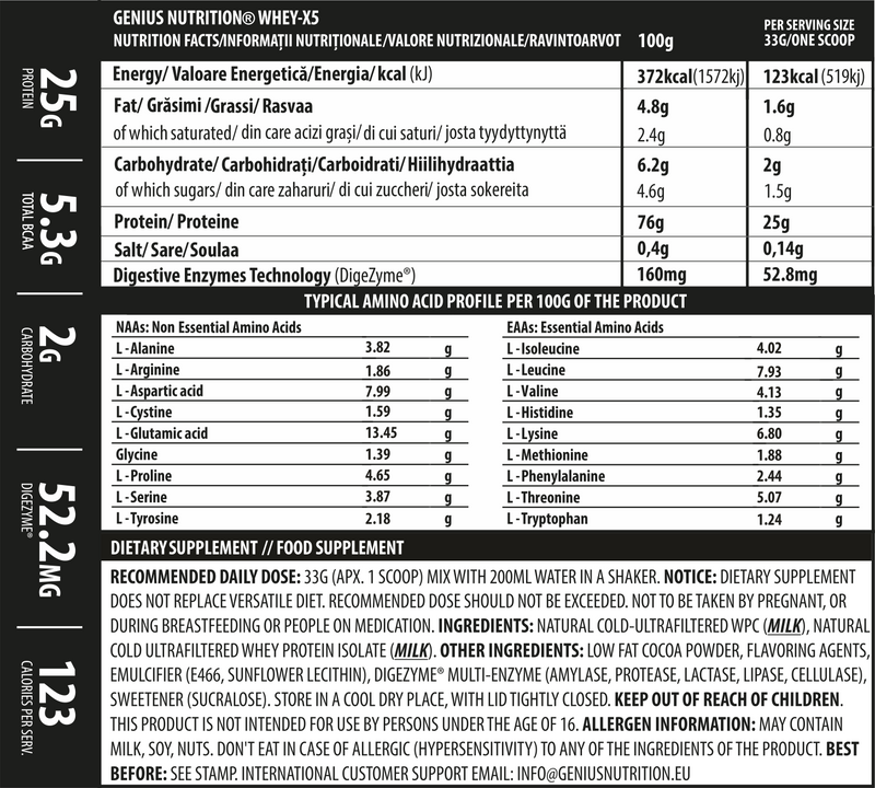 Incarca imaginea in galerie, WHEY-X5 2000g 61serv Genius Nutrition - Supliment proteic blend din izolat si concentrat de zer, ideal pentru refacerea si cresterea masei musculare fara depunere de tesut adipos, cu adaos de enzime digestive pentru absorbtie eficienta.