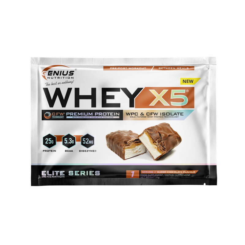 Incarca imaginea in galerie, WHEY-X5 33g 1serv Genius Nutrition - Supliment proteic blend din izolat si concentrat de zer, ideal pentru refacerea si cresterea masei musculare fara depunere de tesut adipos, cu adaos de enzime digestive pentru absorbtie eficienta cu aroma de bueno chocolate