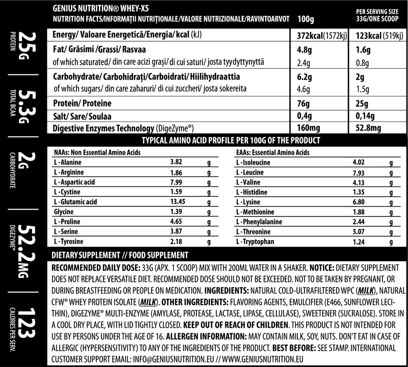 Incarca imaginea in galerie, WHEY-X5 900G 27serv Genius Nutrition - Supliment proteic blend din izolat si concentrat de zer, ideal pentru refacerea si cresterea masei musculare fara depunere de tesut adipos, cu adaos de enzime digestive pentru absorbtie eficienta.