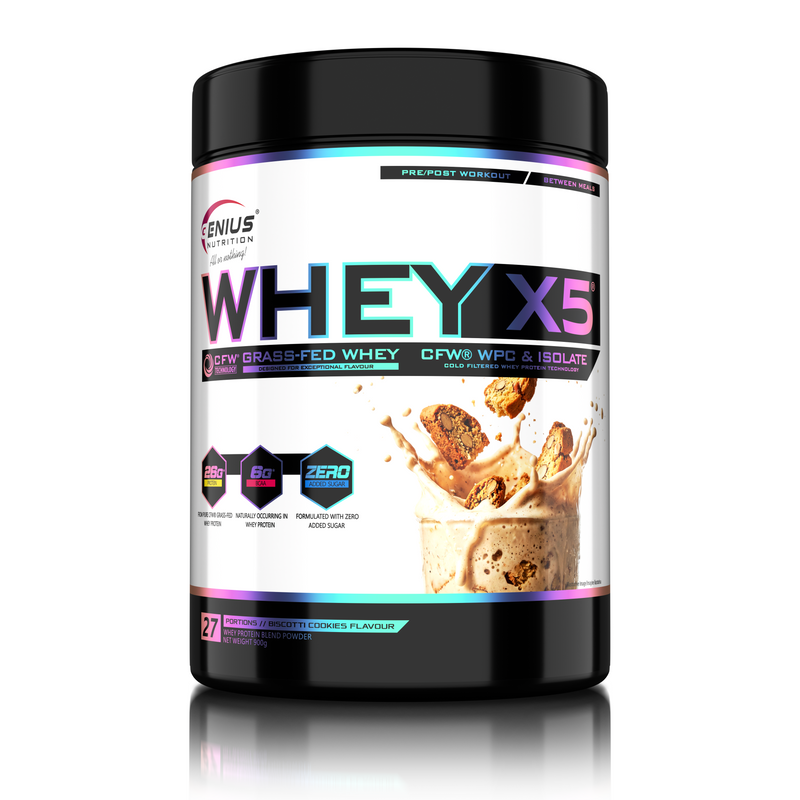 Incarca imaginea in galerie, WHEY-X5 900g 27serv Genius Nutrition - Supliment proteic blend din izolat si concentrat de zer, ideal pentru refacerea si cresterea masei musculare fara depunere de tesut adipos, cu adaos de enzime digestive pentru absorbtie eficienta cu aroma de biscuiti biscotti.