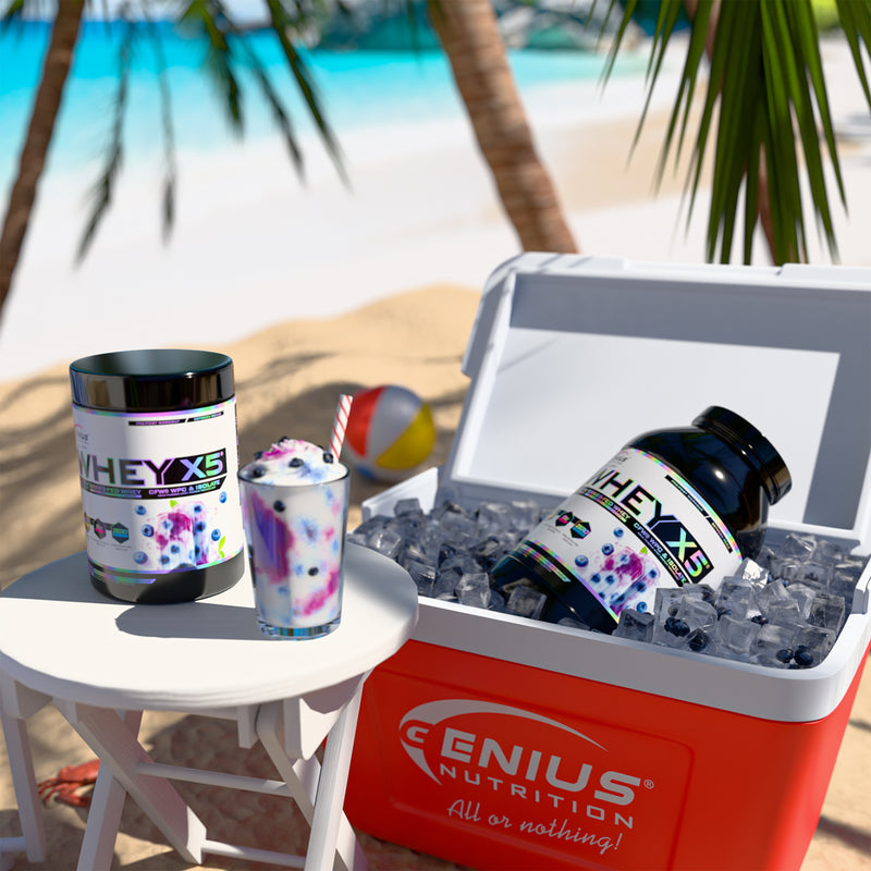 Incarca imaginea in galerie, WHEY-X5 900g 27serv Genius Nutrition - Supliment proteic blend din izolat si concentrat de zer, ideal pentru refacerea si cresterea masei musculare fara depunere de tesut adipos, cu adaos de enzime digestive pentru absorbtie eficienta cu aroma de afine inghetate.