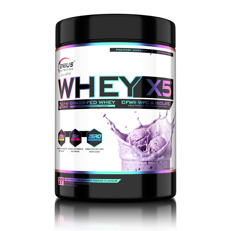 Incarca imaginea in galerie, WHEY-X5 900g 27serv Genius Nutrition - Supliment proteic blend din izolat si concentrat de zer, ideal pentru refacerea si cresterea masei musculare fara depunere de tesut adipos, cu adaos de enzime digestive pentru absorbtie eficienta cu aroma de afine inghetate.