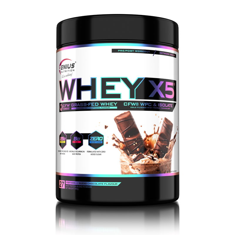 Incarca imaginea in galerie, WHEY-X5 900g 27serv Genius Nutrition - Supliment proteic blend din izolat si concentrat de zer, ideal pentru refacerea si cresterea masei musculare fara depunere de tesut adipos, cu adaos de enzime digestive pentru absorbtie eficienta cu aroma de ciocolata bueno.