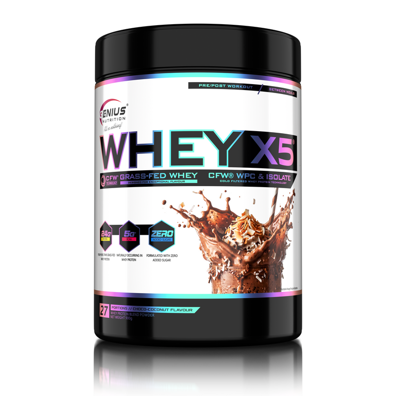 Incarca imaginea in galerie, WHEY-X5 900g 27serv Genius Nutrition - Supliment proteic blend din izolat si concentrat de zer, ideal pentru refacerea si cresterea masei musculare fara depunere de tesut adipos, cu adaos de enzime digestive pentru absorbtie eficienta cu aroma de ciocolata-cocos.