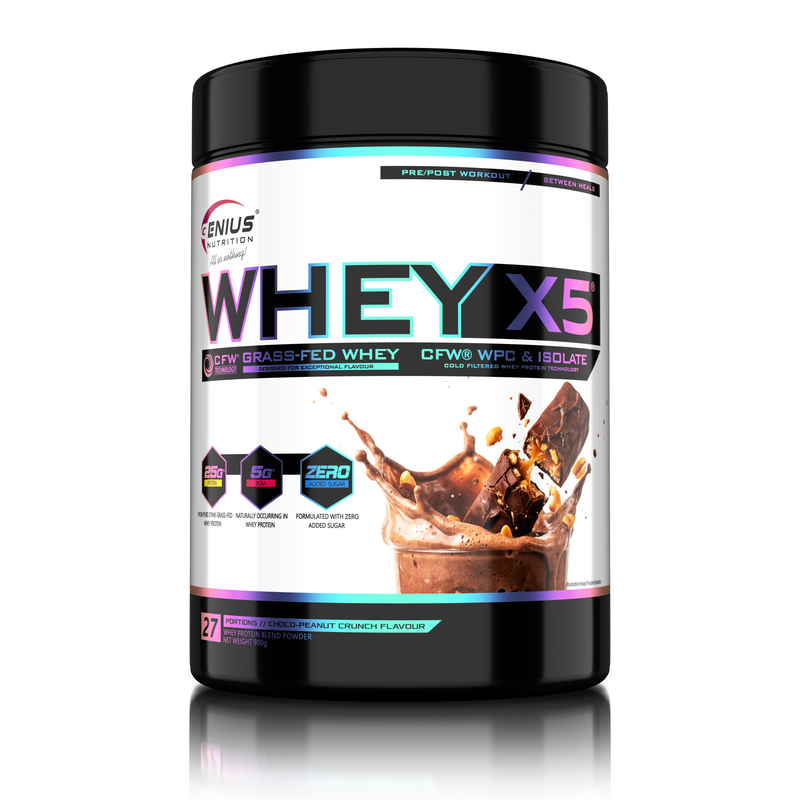 Incarca imaginea in galerie, WHEY-X5 900g 27serv Genius Nutrition - Supliment proteic blend din izolat si concentrat de zer, ideal pentru refacerea si cresterea masei musculare fara depunere de tesut adipos, cu adaos de enzime digestive pentru absorbtie eficienta cu aroma de ciocolata cu arahide crocante.