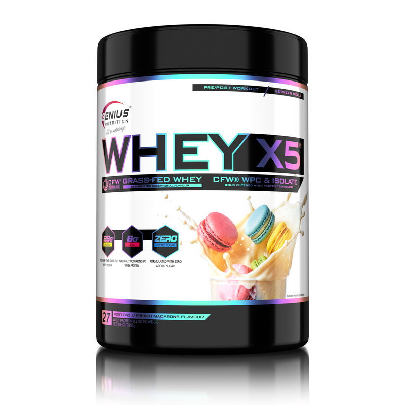 Incarca imaginea in galerie, WHEY-X5 900g 27serv Genius Nutrition - Supliment proteic blend din izolat si concentrat de zer, ideal pentru refacerea si cresterea masei musculare fara depunere de tesut adipos, cu adaos de enzime digestive pentru absorbtie eficienta cu aroma de macarons.