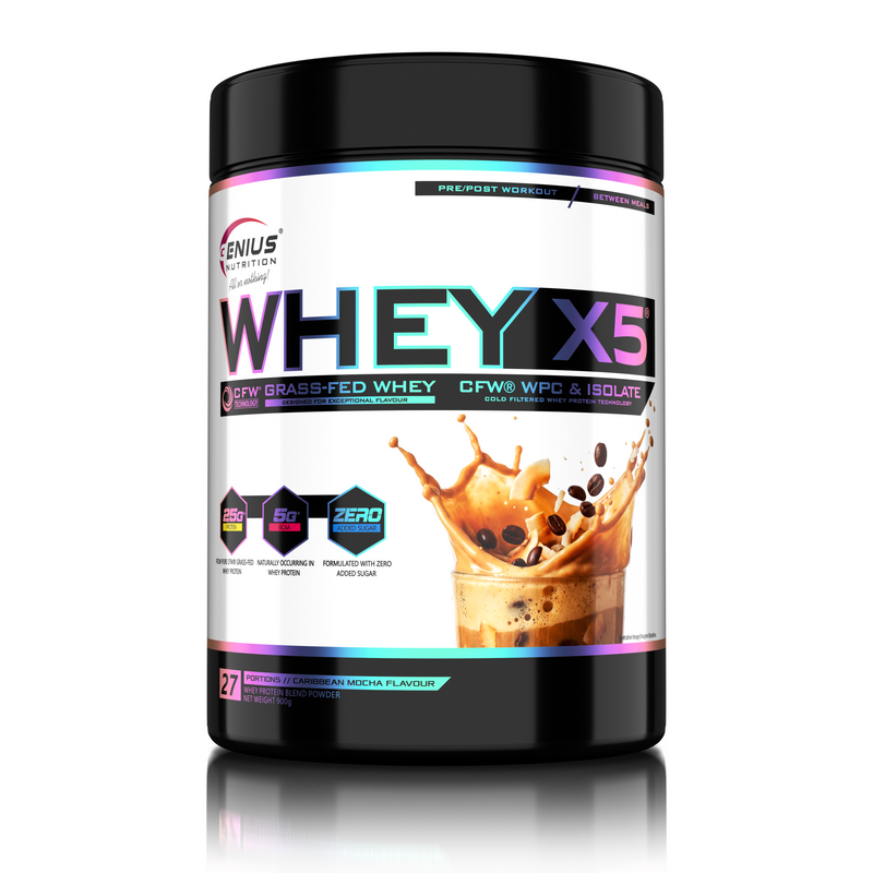 Incarca imaginea in galerie, WHEY-X5 900g 27serv Genius Nutrition - Supliment proteic blend din izolat si concentrat de zer, ideal pentru refacerea si cresterea masei musculare fara depunere de tesut adipos, cu adaos de enzime digestive pentru absorbtie eficienta cu aroma de Mocha Caraibe.