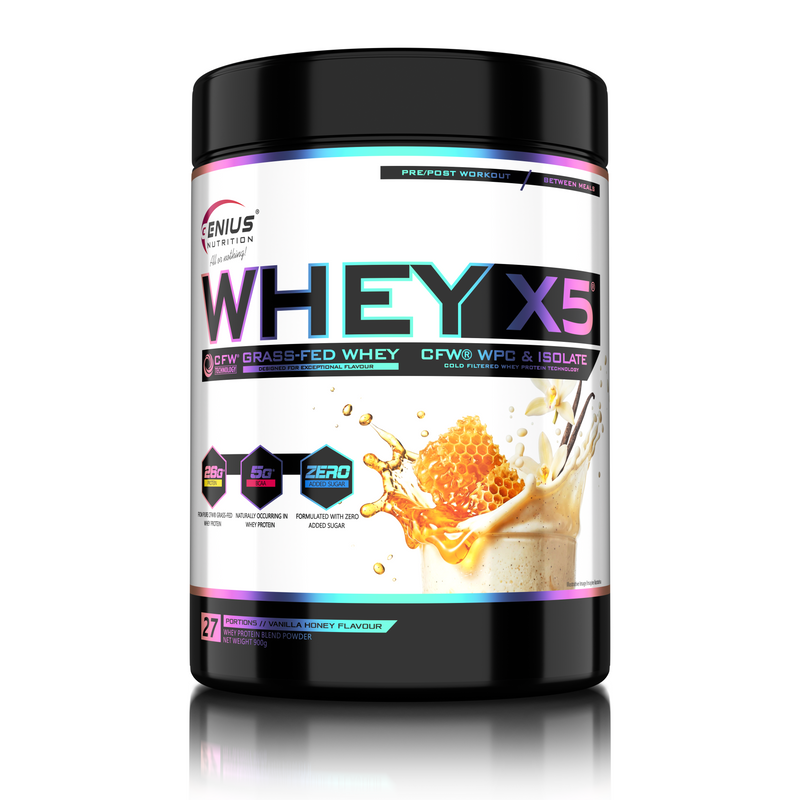 Incarca imaginea in galerie, WHEY-X5 900g 27serv Genius Nutrition - Supliment proteic blend din izolat si concentrat de zer, ideal pentru refacerea si cresterea masei musculare fara depunere de tesut adipos, cu adaos de enzime digestive pentru absorbtie eficienta cu aroma de vanilie si miere.