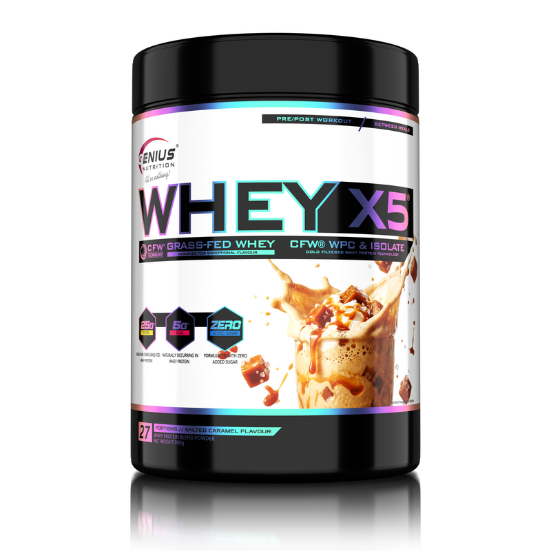Incarca imaginea in galerie, WHEY-X5 900g 27serv Genius Nutrition - Supliment proteic blend din izolat si concentrat de zer, ideal pentru refacerea si cresterea masei musculare fara depunere de tesut adipos, cu adaos de enzime digestive pentru absorbtie eficienta cu aroma de caramel sărat.