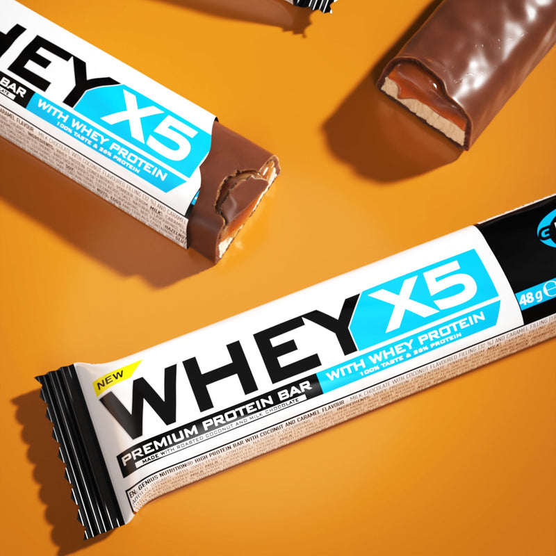 Incarca imaginea in galerie, WHEY-X5 PROTEIN BAR 48g Genius Nutrition – Baton proteic, gustare delicioasa pentru mentinerea si dezvoltarea masei musculare cu aroma de cocos & caramel.