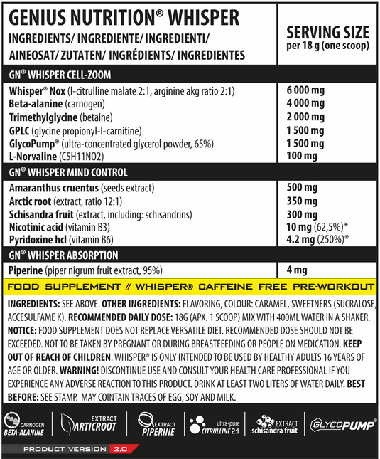 WHISPER 400g 22serv Genius Nutrition - Supliment pre-workout fara stimulenti pentru pompare intensa, volumizare musculara si focus mental, conceput pentru a nu influenta somnul sau a provoca agitatie