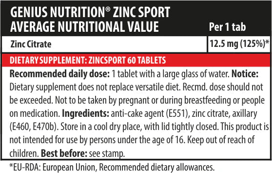 Incarca imaginea in galerie, ZINC SPORT 60tabs 60serv Genius Nutrition – Supliment cu zinc, contribuie la sustinerea sistemului imunitar, sprijina sanatatea pielii si ajuta la mentinerea nivelurilor normale de testosteron si metabolismul proteinelor