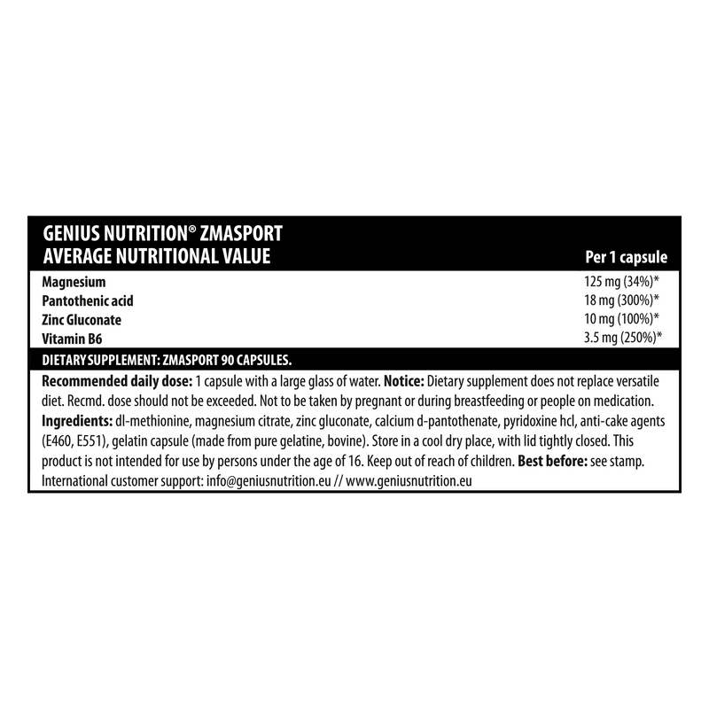 Incarca imaginea in galerie, ZMA SPORT 90caps 30serv Genius Nutrition – Supliment ZMA, combinatie sinergica de zinc, magneziu si vitamina B6 care sprijina recuperarea musculara, imbunatateste calitatea somnului si promoveaza niveluri optime de testosteron pentru performante fizice si mentale superioare