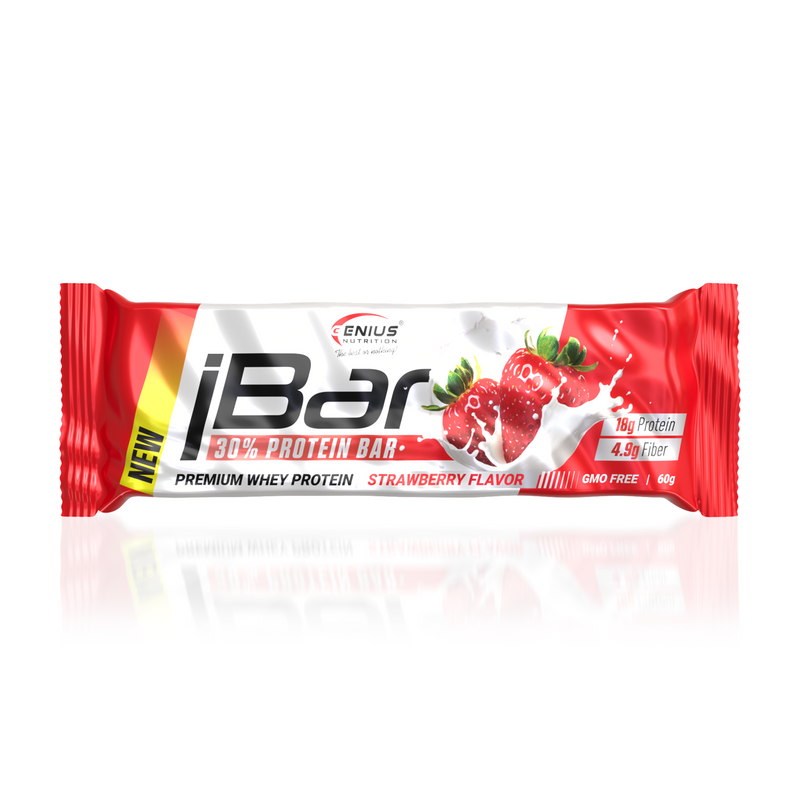 Incarca imaginea in galerie, iBAR NON-GMO 60g Genius Nutrition - Baton proteic pentru mentinerea si dezvoltarea masei musculare cu aroma de capsuni.