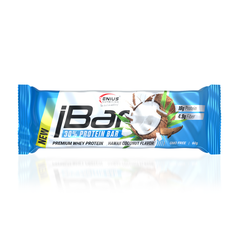 Incarca imaginea in galerie, iBAR NON-GMO 60g Genius Nutrition - Baton proteic pentru mentinerea si dezvoltarea masei musculare cu aroma de Hawaii coconut.