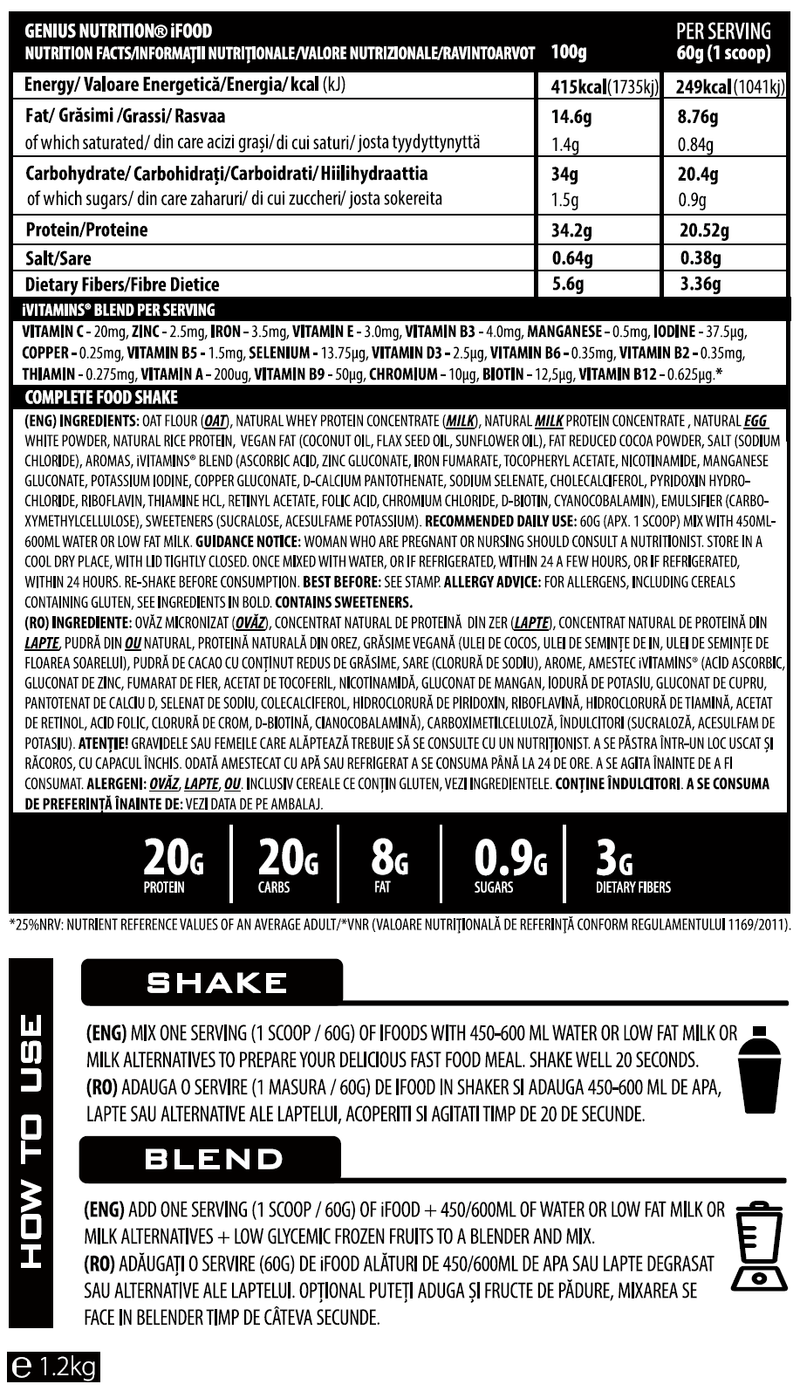 Incarca imaginea in galerie, iFOOD 1200g 20mese Genius Nutrition - Supliment inlocuitor de masa, scazut in calorii si bogat in proteine, cu adaos de vitamine si minerale cu aroma de triple chocolate