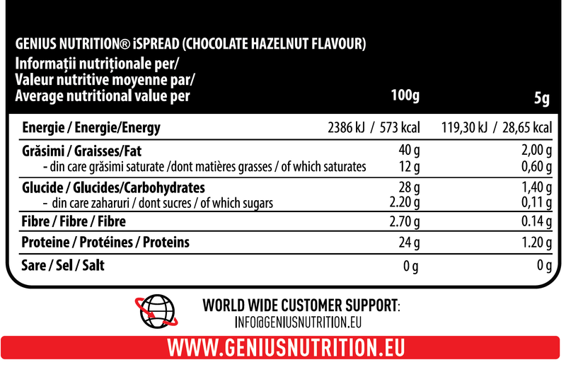 Incarca imaginea in galerie, iSPREAD 450g Genius Nutrition Ciocolata cu alune de padure - Crema delicioasa de cacao si alune de padure, imbogatita cu proteine din lapte natural, fara zahar adaugat si fara ulei de palmier.