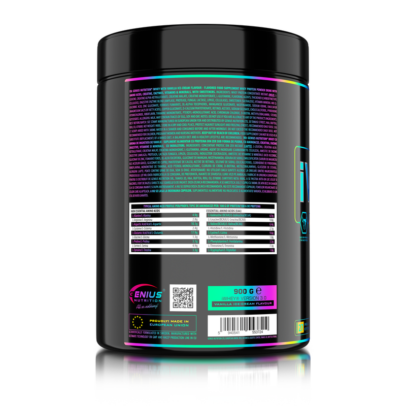 Incarca imaginea in galerie, iWHEY 900g 27serv Genius Nutrition - Supliment proteic concentrat din zer, imbogatit cu enzime digestive, vitamine, minerale si creatina monohidrat, conceput pentru a sprijini recuperarea si dezvoltarea masei musculare, cu aroma de inghetata de vanilie.