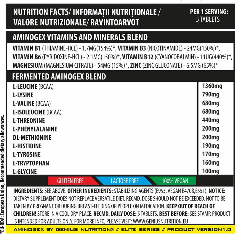 Incarca imaginea in galerie, AMINOGEX EAA 300tabs Genius Nutrition fara aroma - Supliment alimentar pentru refacere musculara pe baza de aminoacizi esentiali si vitamine
